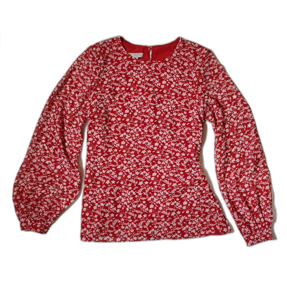 Hobbs London Red Floral Blouse Women’s US 4 Tie Waist Puff Sleeve